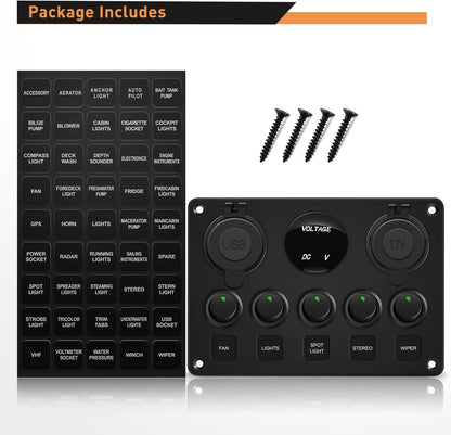 Waywe Multi-Function 5 Gang Rocker Switch Dual USB Charger Digital Volmeter 12V Outlet Pre-Wired Switch Panel Green with Circuit Breakers for RV Car Boat Truck Trailer