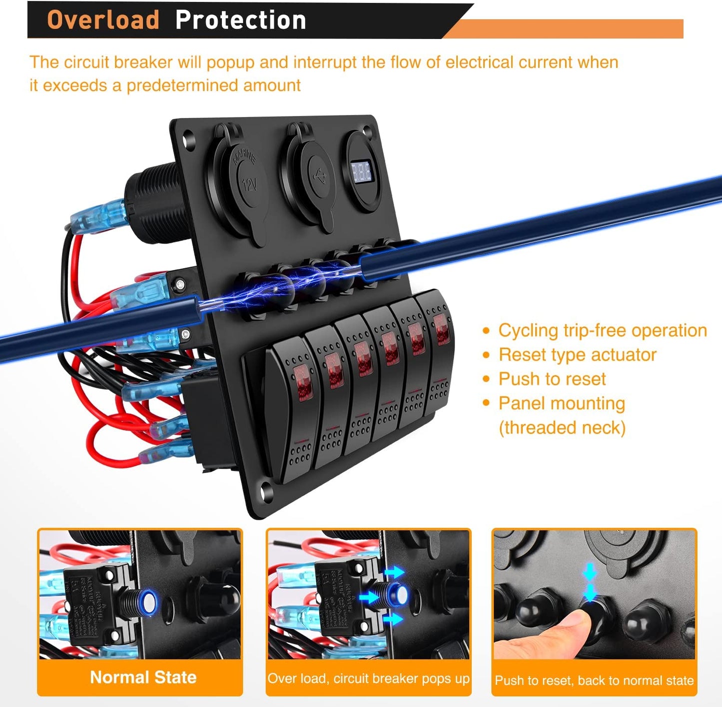 Waywe 6 Gang ON Off Rocker Switch Panel Red Backlit 12V 24V LED Digital Voltmeter 3.1A Dual USB Charger Cigarette Lighter Socket Overload Protection Switch Panel for Cars RVs Boats