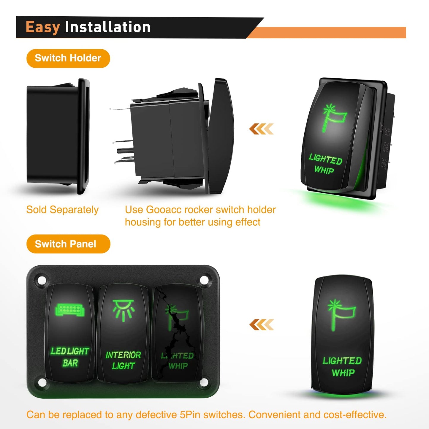 Waywe Lighted Whip Rocker Switch Led Light Bar 5Pin Laser On Off SPST switches 20A 12V 10A 24V Green with Jumper Wires Set for Cars Trucks RVs