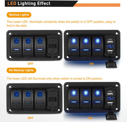 Waywe 3 Gang Aluminum Rocker Switch Panel Blue with 4.8 Amp Dual USB Charger Voltmeter
