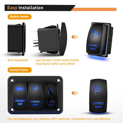 Waywe Lighted Whip Rocker Switch Led Light Bar 5Pin Laser On Off SPST switches 20A 12V 10A 24V Blue with Jumper Wires Set for Cars Trucks RVs