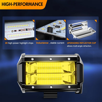 Waywe 2PCS 5 Inch Amber LED Pods 72W Flood Led Light Bar Fog Light 10800LM Driving Lighting with 16AWG Off Road Wiring Harness-2 Leads for Truck Golf Cart SUV ATV UTV Boat
