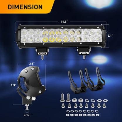 Waywe Led Light Bar 12 Inch 72W Spot Flood Combo Lights Working Light Off Road Led Lamp Driving Lights for Truck Pickup SUV ATV