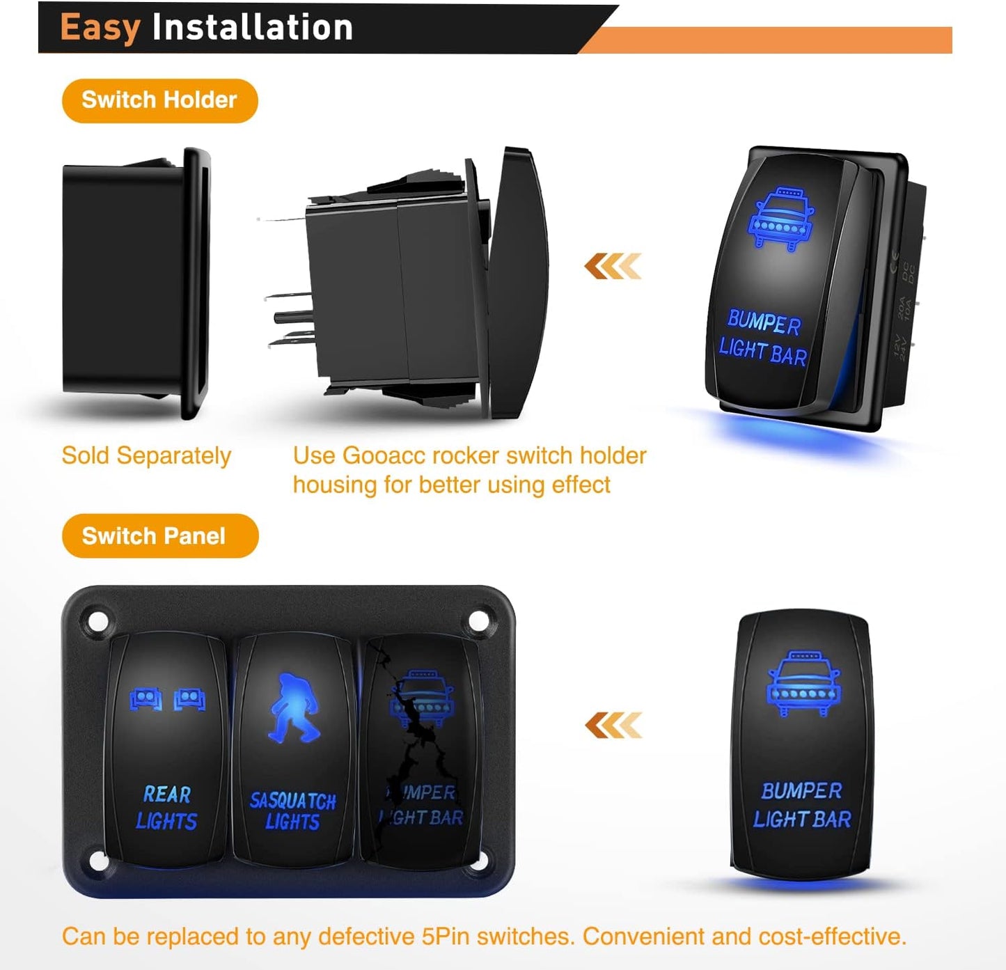 Waywe Bumper Light Bar Rocker Switch Led Lights Bars 5 Pin Laser On Off Switches 20A 12V 10A 24V Jumper Wires Set