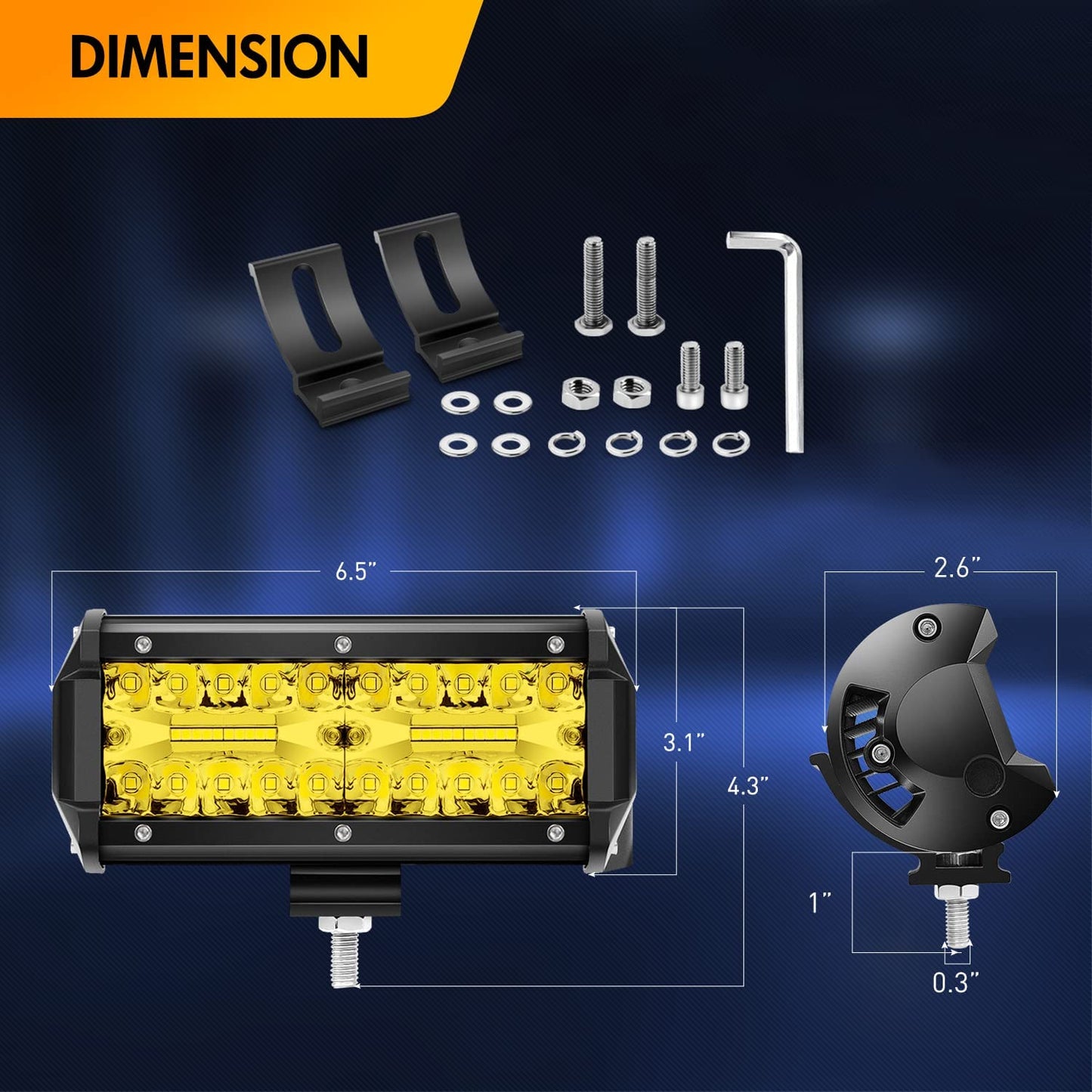 Waywe 2PCS 6.5 Inch Amber LED Pods 120W Triple Row Flood Light Bar Fog Light Driving Lighting with 16AWG Off Road Wiring Harness-2 Leads for Truck Golf Cart SUV ATV UTV Boat, Clear,Yellow