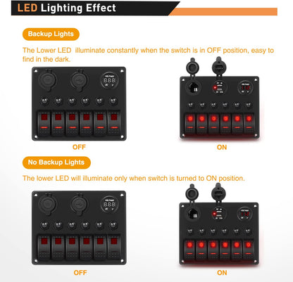 Waywe 6 Gang ON Off Rocker Switch Panel Red Backlit 12V 24V LED Digital Voltmeter 3.1A Dual USB Charger Cigarette Lighter Socket Overload Protection Switch Panel for Cars RVs Boats