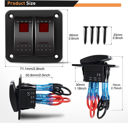 Waywe 2 Gang Rocker Switch Panel 12V 24V DC Red Switches Aluminum Panel 5Pin ON Off PreWired Toggle Switch Panel Waterproof for Cars Boats ATVs UTVs