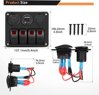 Waywe 4 Gang Rocker Switch Panel with USB Charger Voltmeter and Cigar Lighter 12V 24V Toggle Switch ON Off Rocker Switch Red for Cars Rvs Trucks