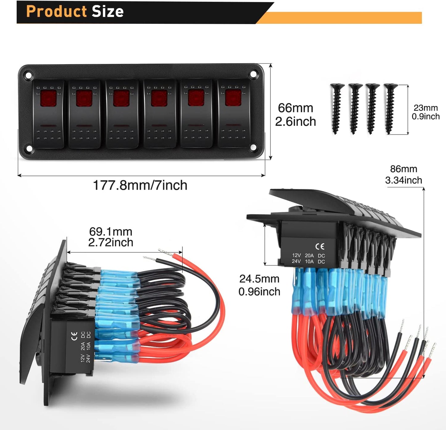 Waywe 6 Gang Rocker Switch Panel 5Pin On Off Toggle Switch Aluminum Holder 12V 24V Dash Pre-Wired Red Backlit Switches for Automotive Cars Marine Boats RVs Truck