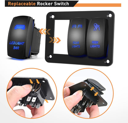 3 Gang LED Light Bar Rear Rock Lights Rocker Switch Panel Blue