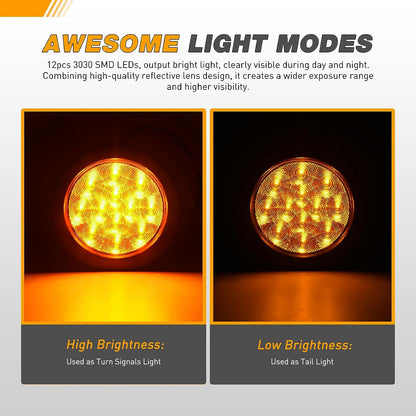 Waywe 4 Inch Round Trailer Tail Light 2 PCS 12 LED Amber Turn Signals Lights w/Surface Mount Grommets Plugs IP67 Waterproof for Truck RV Tractor