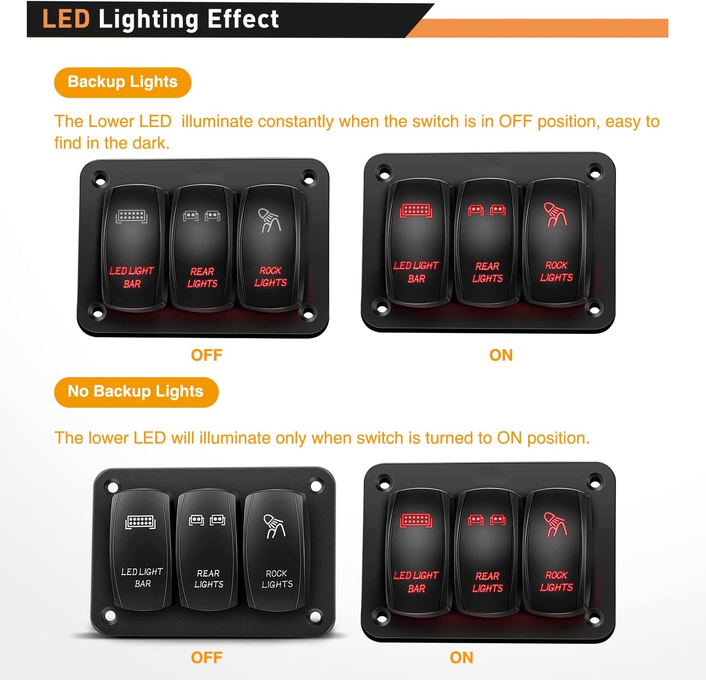 Waywe 3 Gang Rocker Switch Panel Aluminum 5 Pin ON Off Toggle Switch Panel LED Light Bar Switch SPST 12V 24V Red Switches for Marine Boats Cars ATVs UTVs