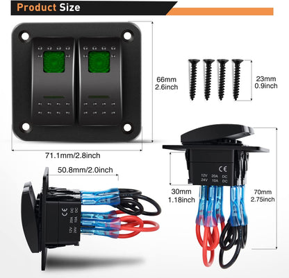 Waywe 2 Gang Rocker Switch Panel 12V 24V DC Green Switches Aluminum Panel 5Pin ON Off PreWired Toggle Switch Panel Waterproof for Cars Boats ATVs UTVs