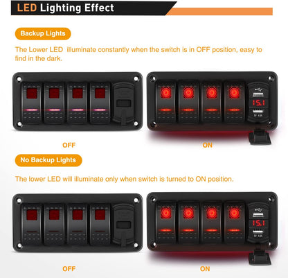 Waywe 4 Gang Rocker Switch Panel Red Backlit with 4.8 Amp Dual USB Charger Voltmeter Waterproof 12V 24V DC Rocker Switch  for Car Trucks Boats RVs