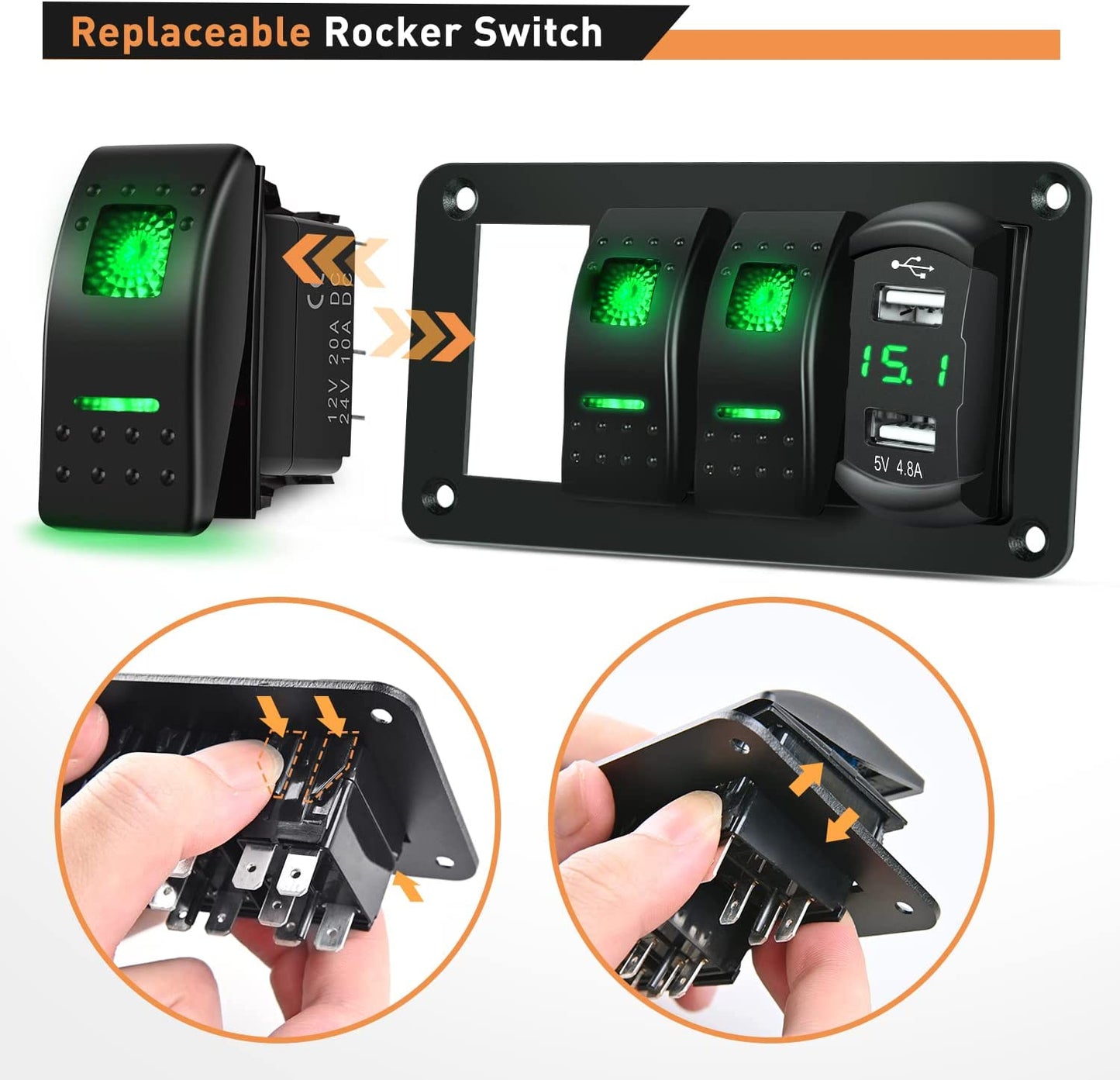 Waywe 3 Gang Rocker Switch Panel Green Backlit with 4.8 Amp Dual USB Charger Voltmeter Waterproof 12V 24V DC Rocker Switch  for Car Trucks Boats RVs