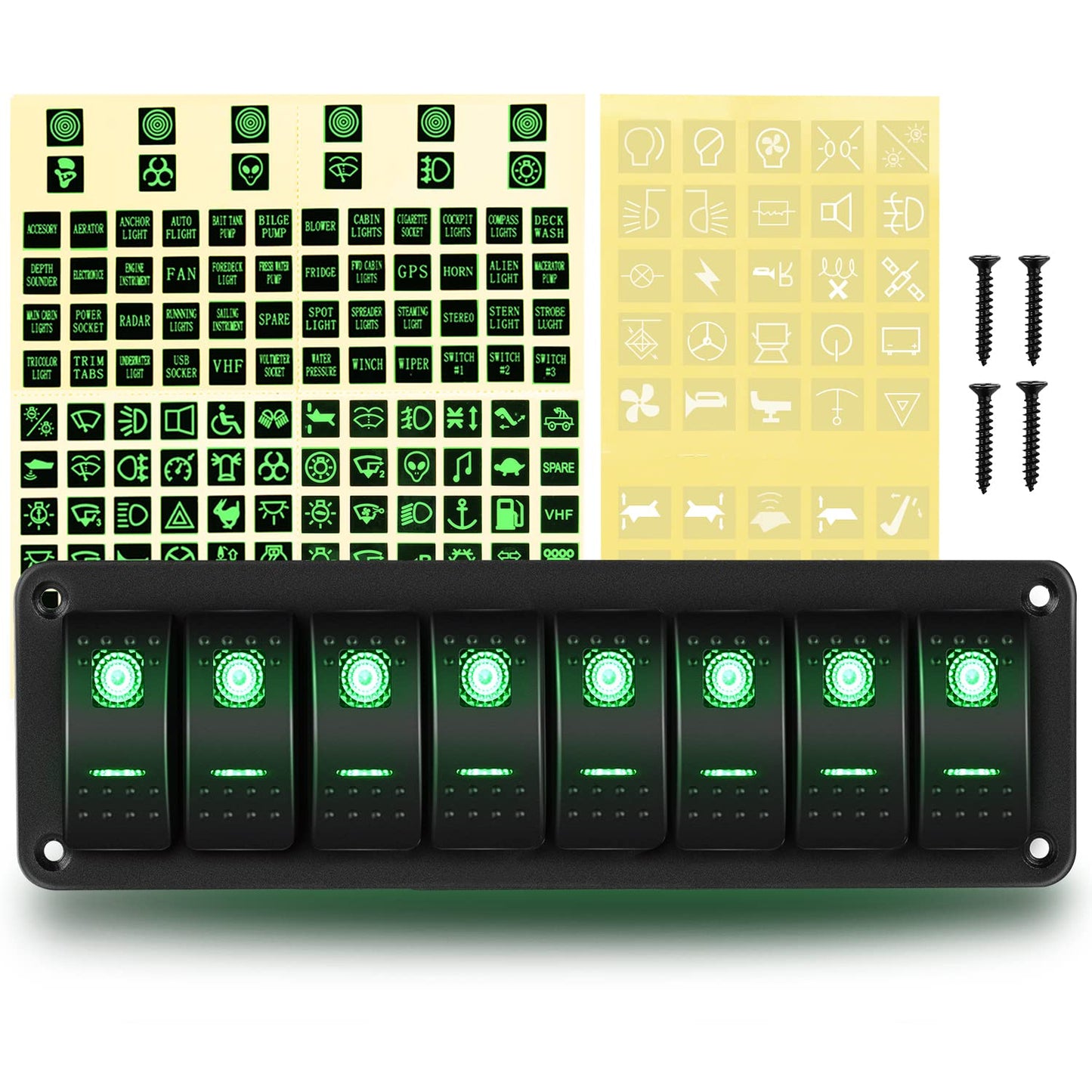 Waywe 8 Gang Rocker Switch Panel 5Pin On Off Toggle Switch Aluminum Holder 12V 24V Dash Pre-Wired Green Backlit Switches for Automotive Cars Marine Boats RVs Truck