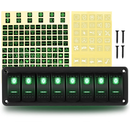 Waywe 8 Gang Rocker Switch Panel 5Pin On Off Toggle Switch Aluminum Holder 12V 24V Dash Pre-Wired Green Backlit Switches for Automotive Cars Marine Boats RVs Truck