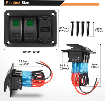 Waywe 2 Gang Rocker Switch Panel Green Backlit with 4.8 Amp Dual USB Charger Voltmeter Waterproof 12V 24V DC Rocker Switch  for Car Trucks Boats RVs