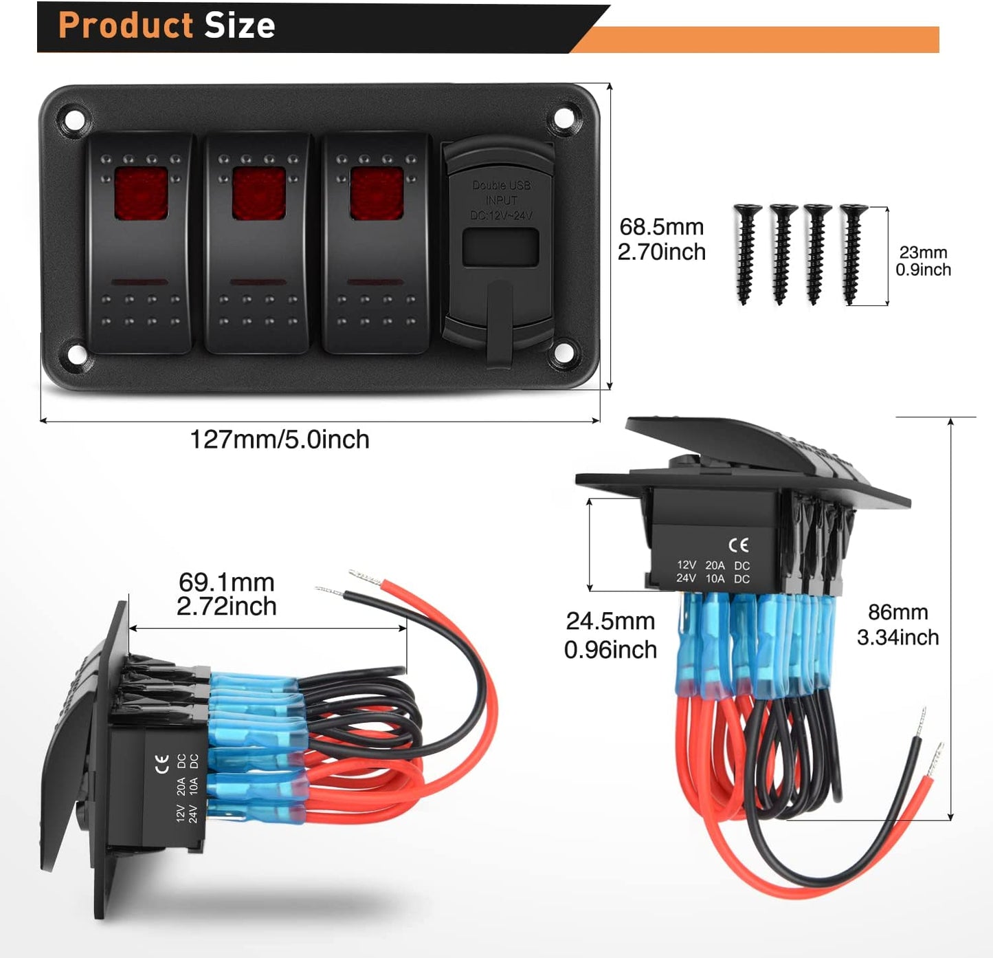 Waywe 3 Gang Rocker Switch Panel Red Backlit with 4.8 Amp Dual USB Charger Voltmeter Waterproof 12V 24V DC Rocker Switch  for Car Trucks Boats RVs