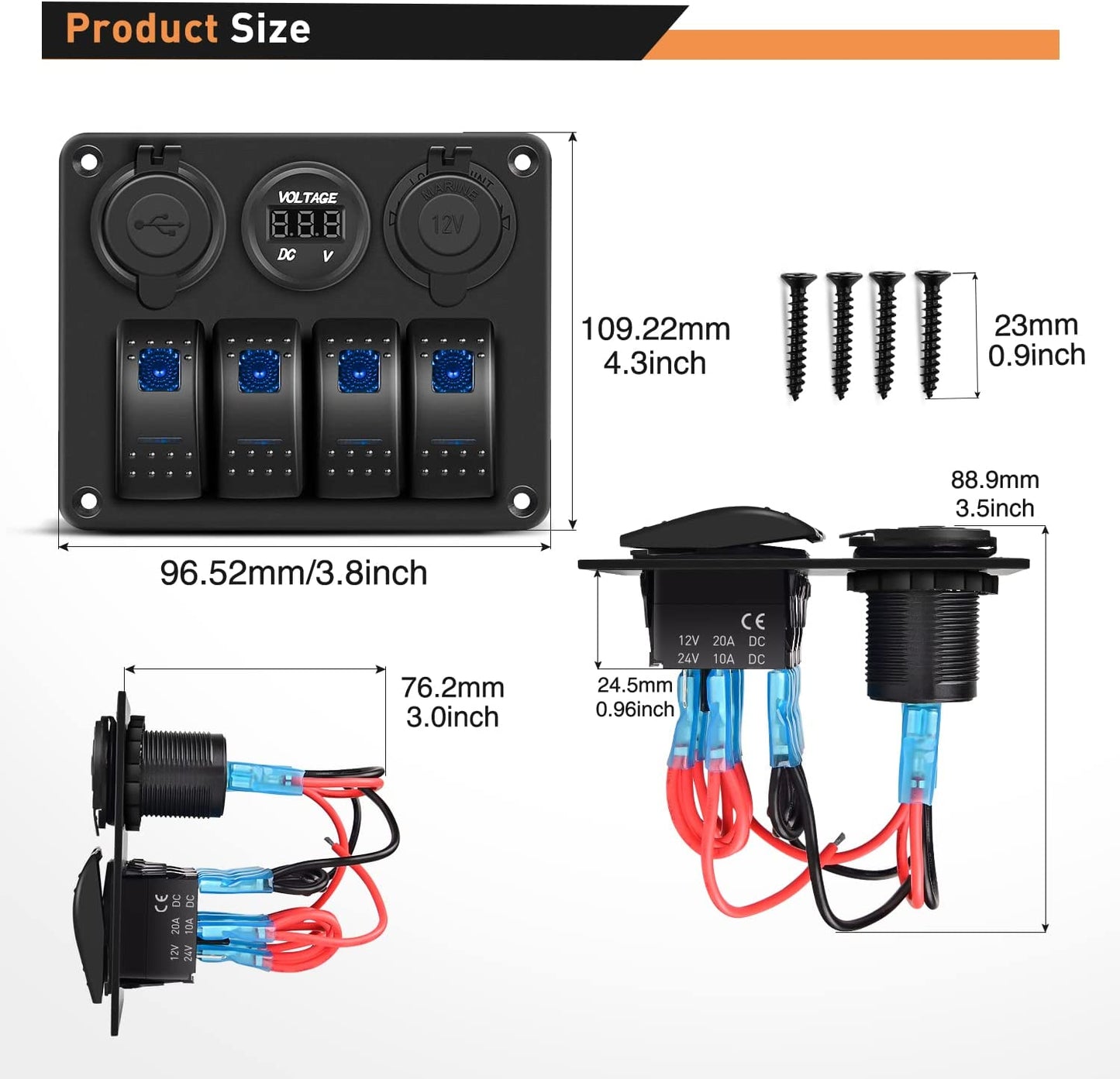 Waywe 4 Gang Rocker Switch Panel with USB Charger Voltmeter and Cigar Lighter 12V 24V Toggle Switch ON Off Rocker Switch Blue for Cars Rvs Trucks