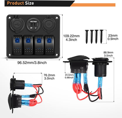 Waywe 4 Gang Rocker Switch Panel with USB Charger Voltmeter and Cigar Lighter 12V 24V Toggle Switch ON Off Rocker Switch Blue for Cars Rvs Trucks
