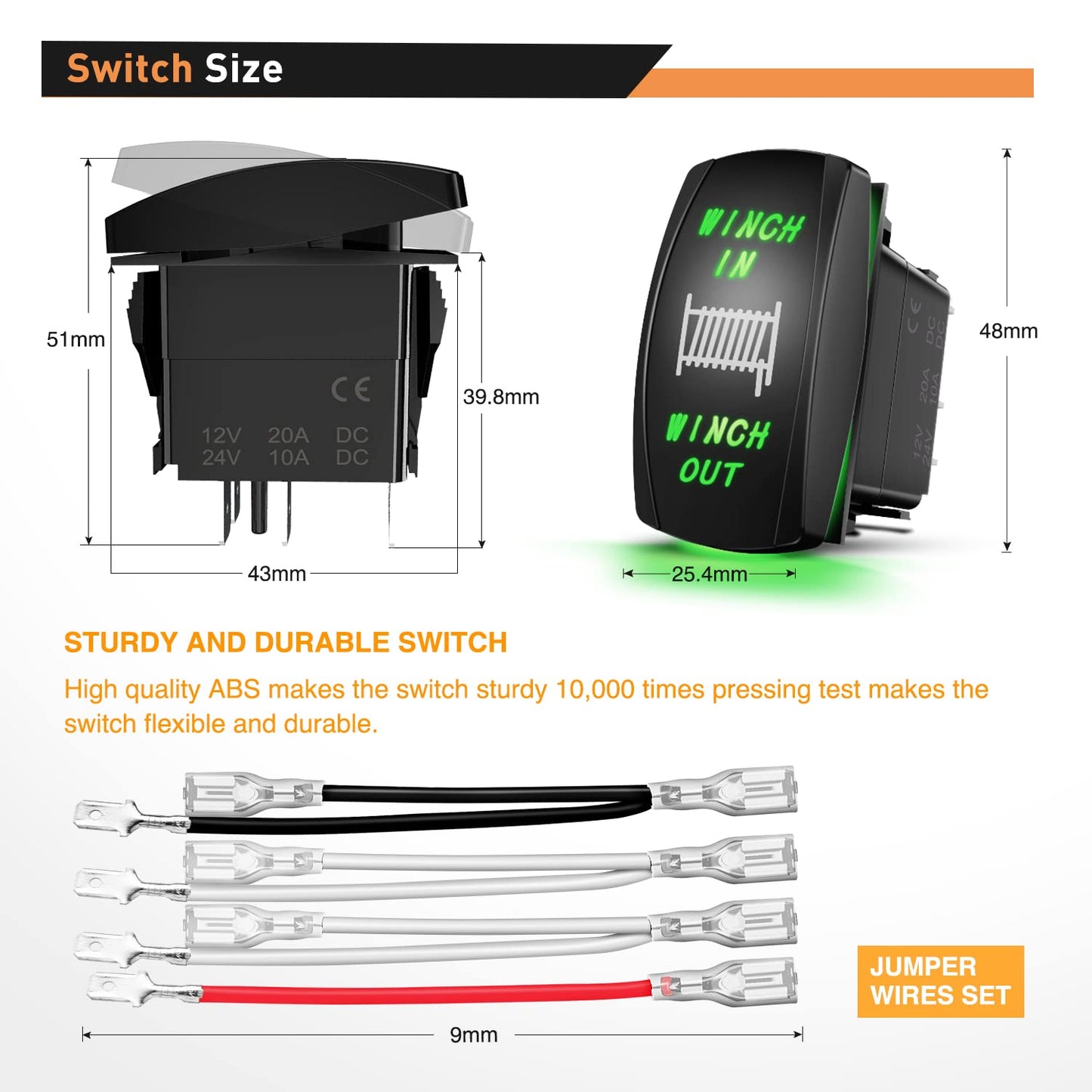Waywe Winch Rocker Switch Momentary Toggle Switch ON Off ON Switch DPDT 7Pin 12V 24V Switch Jumper Wires Winch in Out Switch Green for Cars Trucks Caravans Boats
