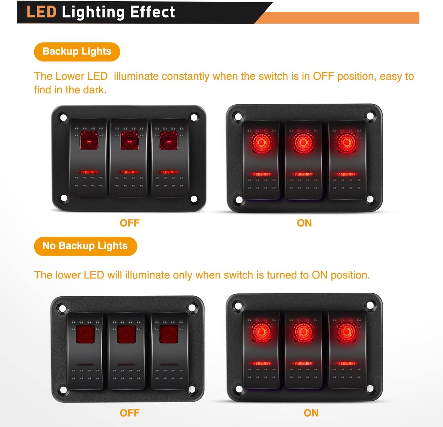Waywe 3 Gang Aluminum Rocker Switch Panel Toggle Dash 5 Pin ON Off Pre Wired Rocker Switch Red Backlit Switch for Automotive Cars Boats RVs