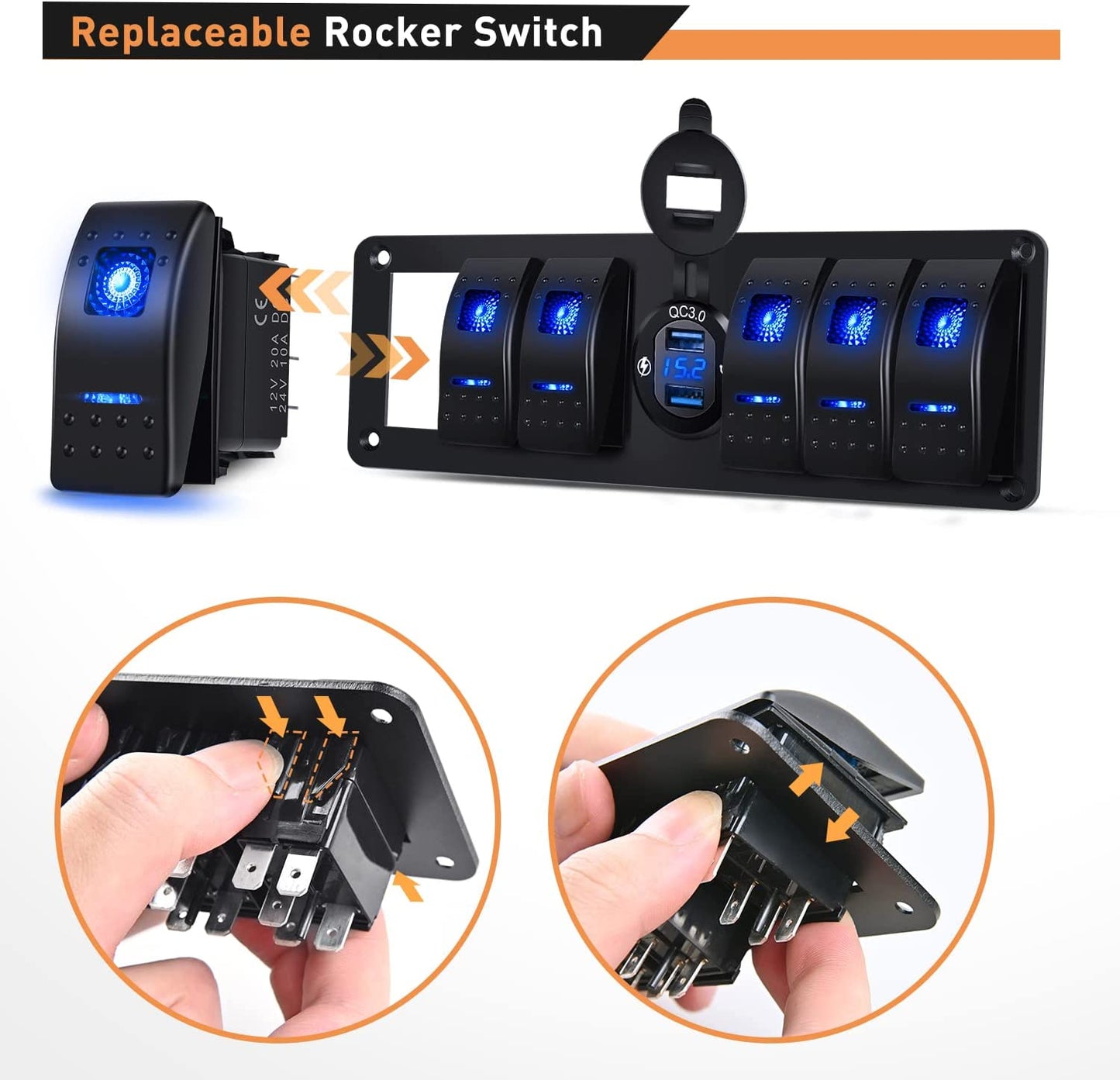 Waywe 6 Gang Rocker Switch 12V SPST ON Off QC 3.0 USB Charger Voltmeter Waterproof Aluminum Panel for Boats Cars RVs Trucks