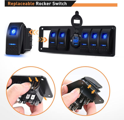 Waywe 6 Gang Rocker Switch 12V SPST ON Off QC 3.0 USB Charger Voltmeter Waterproof Aluminum Panel for Boats Cars RVs Trucks