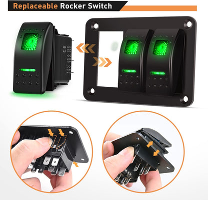 Waywe 3 Gang Aluminum Rocker Switch Panel Toggle Dash 5 Pin ON Off Pre Wired Rocker Switch Green Backlit Switch for Automotive Cars Boats RVs