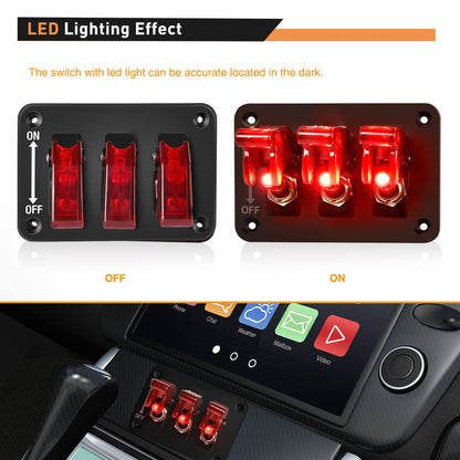 Waywe 3 Gang Toggle Switch 12V Rocker Switch Panel with LED Light and Flip Cover Heavy-Duty ON Off Switch Plate 3 Pin SPST Rocker Switch