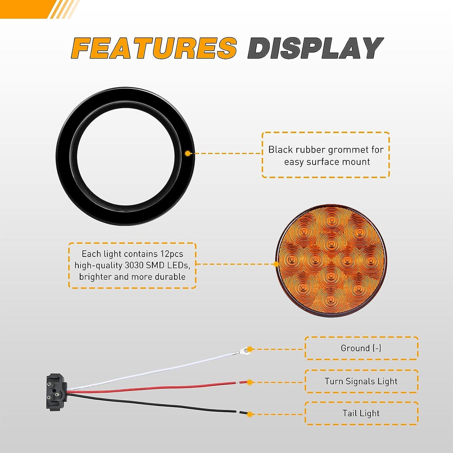 Waywe 4 Inch Round Trailer Tail Light 2 PCS 12 LED Amber Turn Signals Lights w/Surface Mount Grommets Plugs IP67 Waterproof for Truck RV Tractor