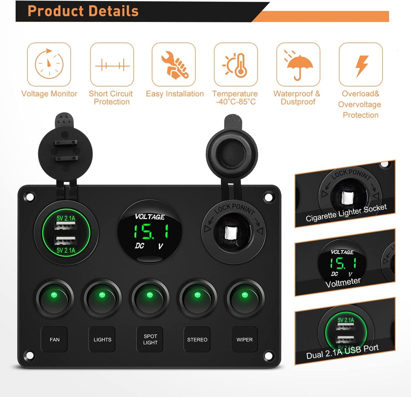 Waywe Multi-Function 5 Gang Rocker Switch Dual USB Charger Digital Volmeter 12V Outlet Pre-Wired Switch Panel Green with Circuit Breakers for RV Car Boat Truck Trailer