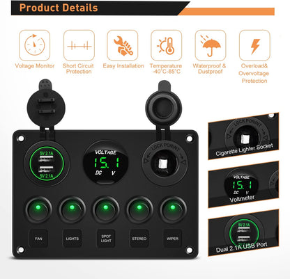 Waywe Multi-Function 5 Gang Rocker Switch Dual USB Charger Digital Volmeter 12V Outlet Pre-Wired Switch Panel Green with Circuit Breakers for RV Car Boat Truck Trailer