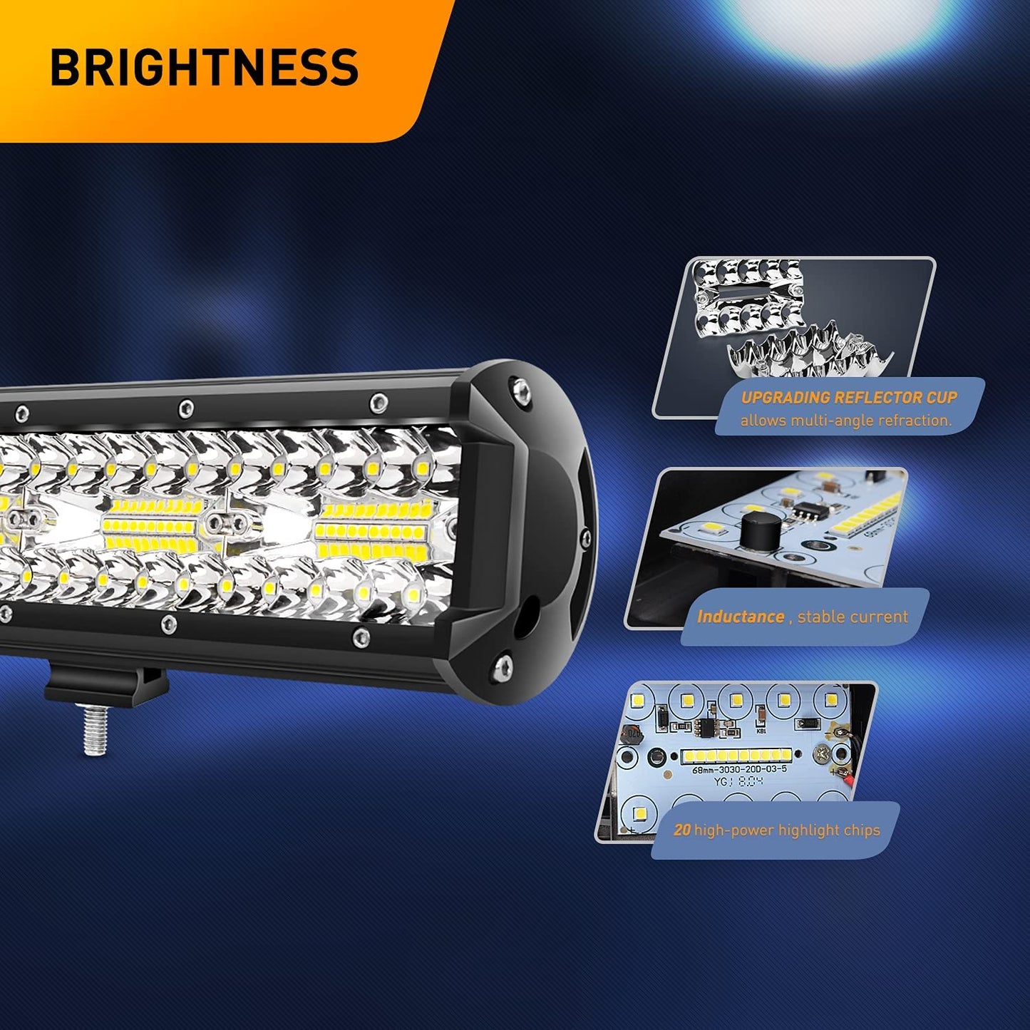 Waywe 20Inch 420W Triple Row Led Light Bar Spot Flood Combo Driving Lighting Mounting Bracket Horizontal Bar Tube Working Light with 16AWG Wiring Harness for Truck Golf Cart Boat