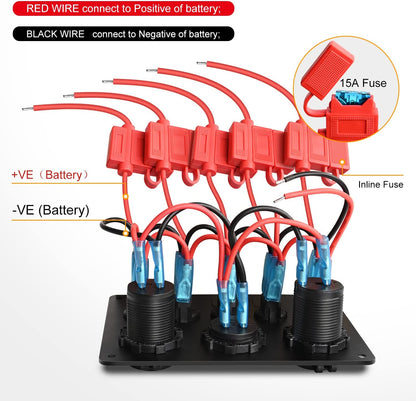 Waywe Multi-Function 5 Gang Rocker Switch Dual USB Charger Digital Volmeter 12V Outlet Pre-Wired Switch Panel Red with Circuit Breakers for RV Car Boat Truck Trailer