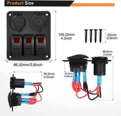 Waywe 3 Gang Rocker Switch Panel with USB Charger and Cigar Lighter 12V 24V Toggle Switch ON Off Rocker Switch Red for Cars Rvs Trucks