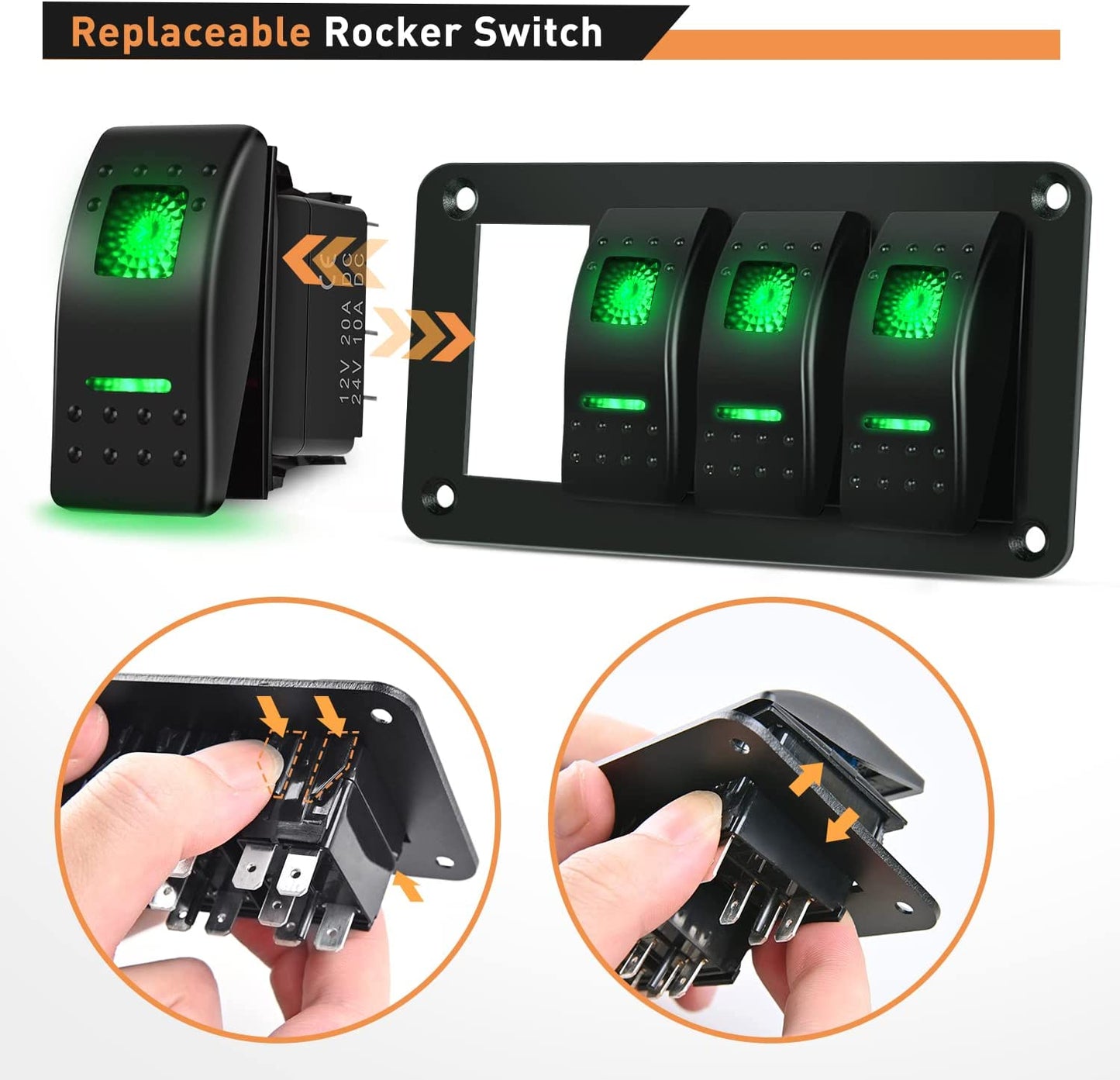 Waywe 4 Gang Rocker Switch Panel 5Pin On Off Toggle Switch Aluminum Holder 12V 24V Dash Pre-Wired Green Backlit Switches for Automotive Cars Marine Boats RVs Truck