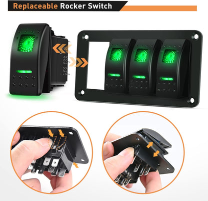 Waywe 4 Gang Rocker Switch Panel 5Pin On Off Toggle Switch Aluminum Holder 12V 24V Dash Pre-Wired Green Backlit Switches for Automotive Cars Marine Boats RVs Truck