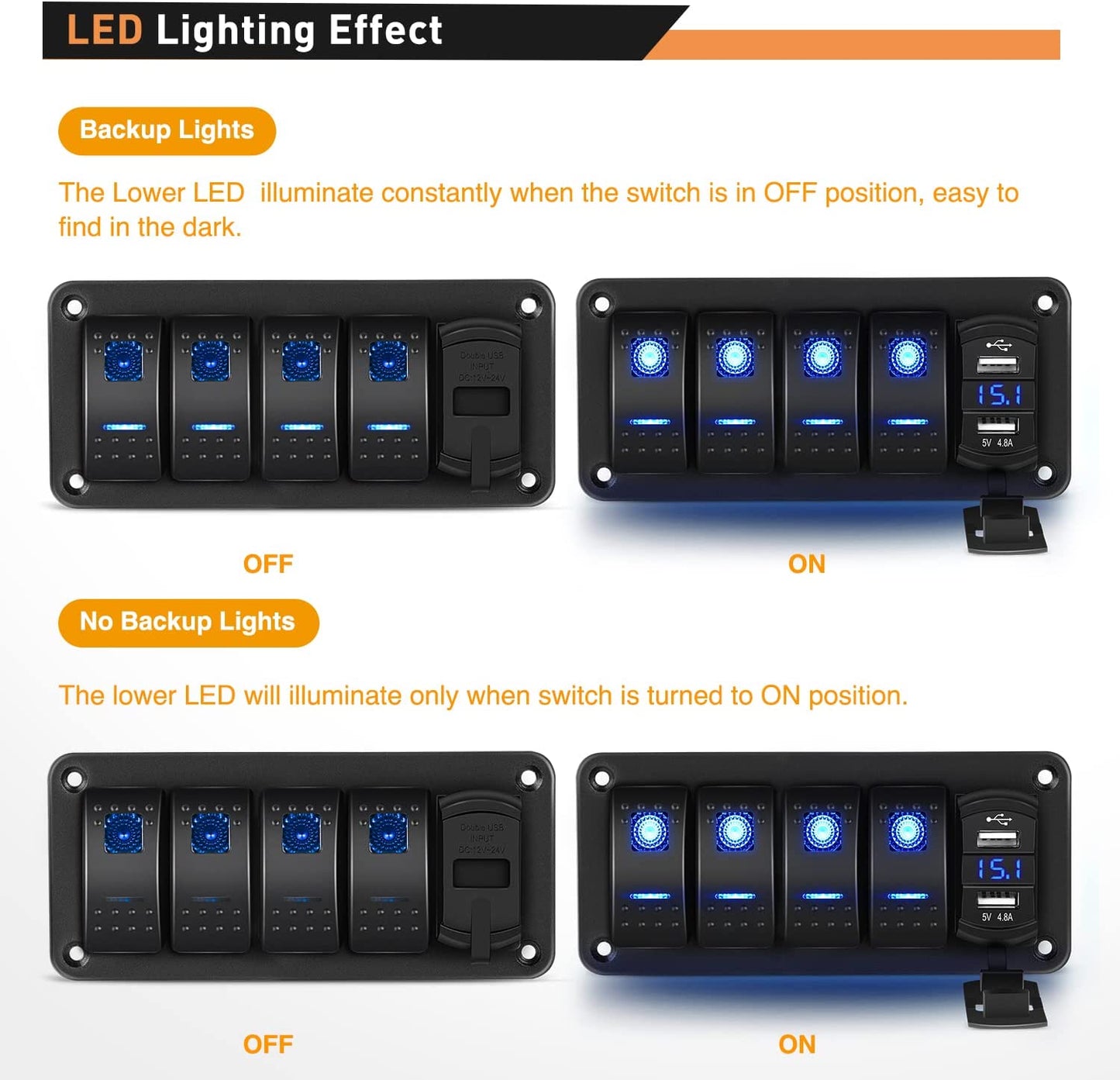 Waywe 4 Gang Aluminum Rocker Switch Panel Blue with 4.8 Amp Dual USB Charger Voltmeter
