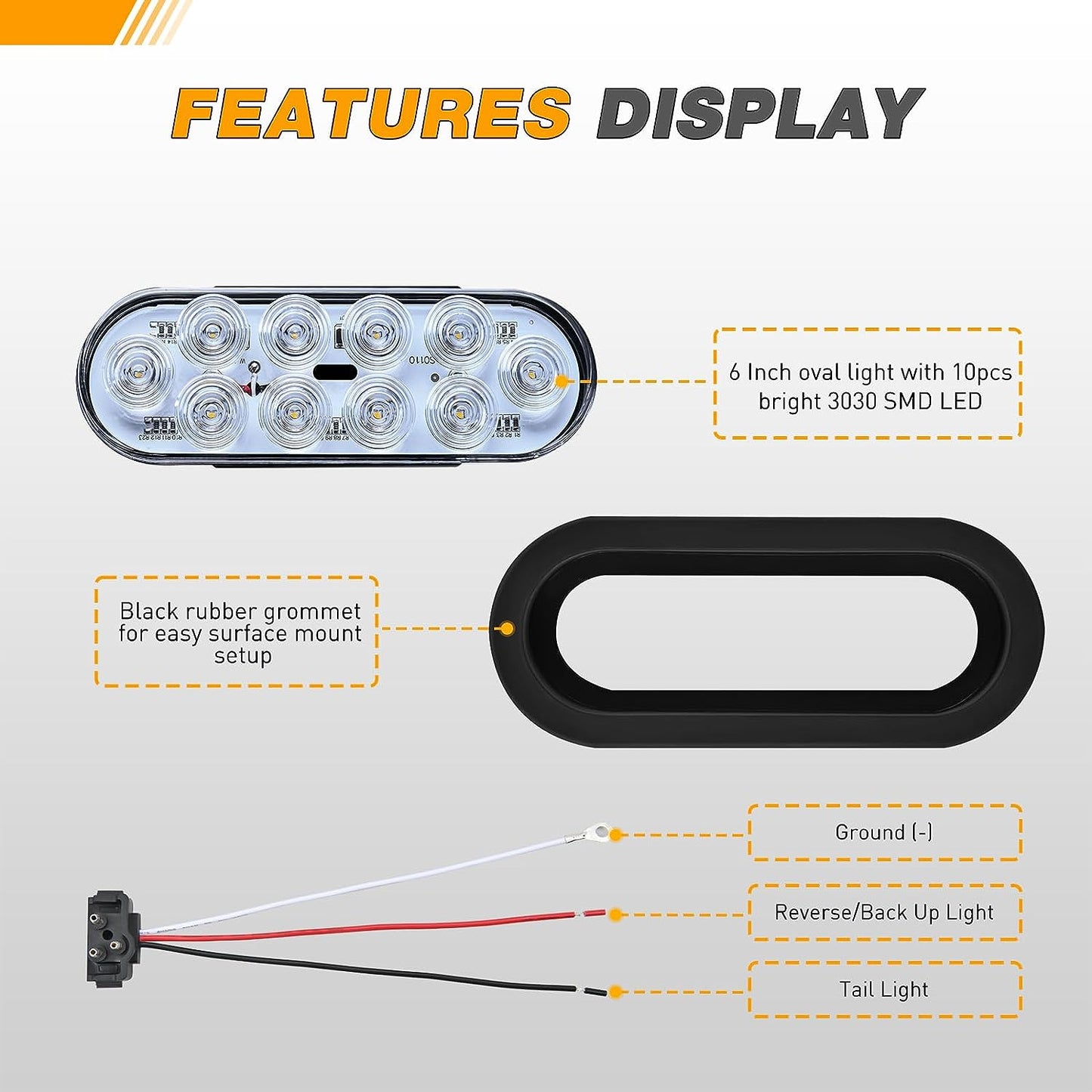 Waywe 6Inch Oval Trailer Tail Light 2PCS 10LED White Reverse Back Up Lights w/Surface Mount Grommets Plugs IP67 Waterproof for Truck RV Tractor