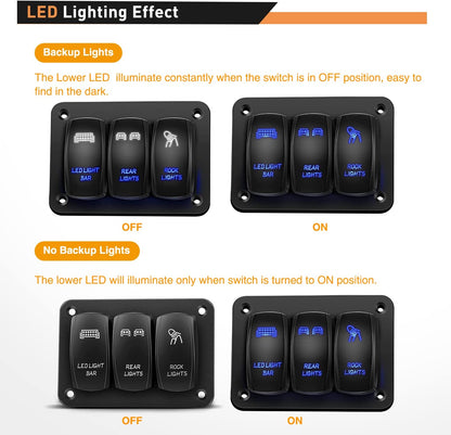 3 Gang LED Light Bar Rear Rock Lights Rocker Switch Panel Blue
