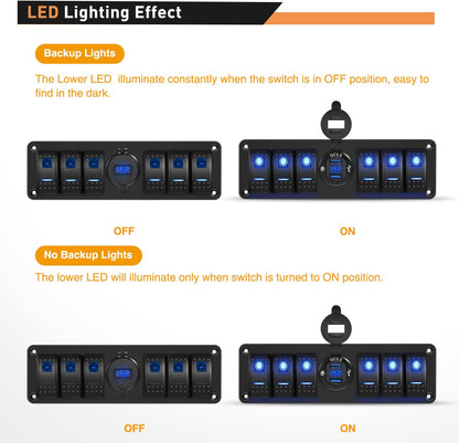 Waywe 6 Gang Rocker Switch 12V SPST ON Off QC 3.0 USB Charger Voltmeter Waterproof Aluminum Panel for Boats Cars RVs Trucks