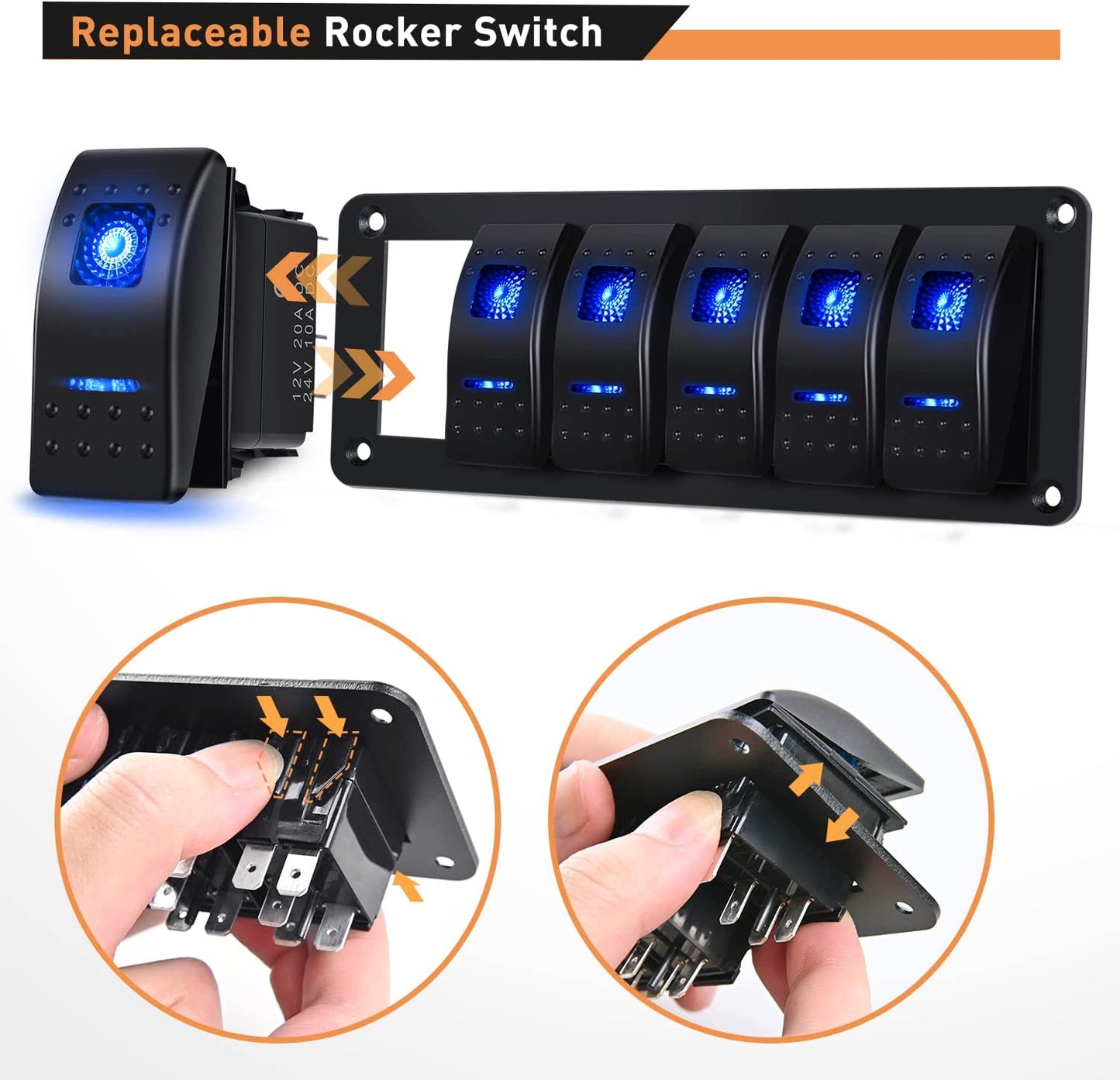 Waywe 6 Gang Aluminum Rocker Switch Panel Blue