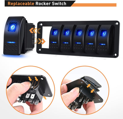 Waywe 6 Gang Aluminum Rocker Switch Panel Blue