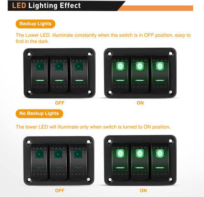 Waywe 3 Gang Aluminum Rocker Switch Panel Toggle Dash 5 Pin ON Off Pre Wired Rocker Switch Green Backlit Switch for Automotive Cars Boats RVs