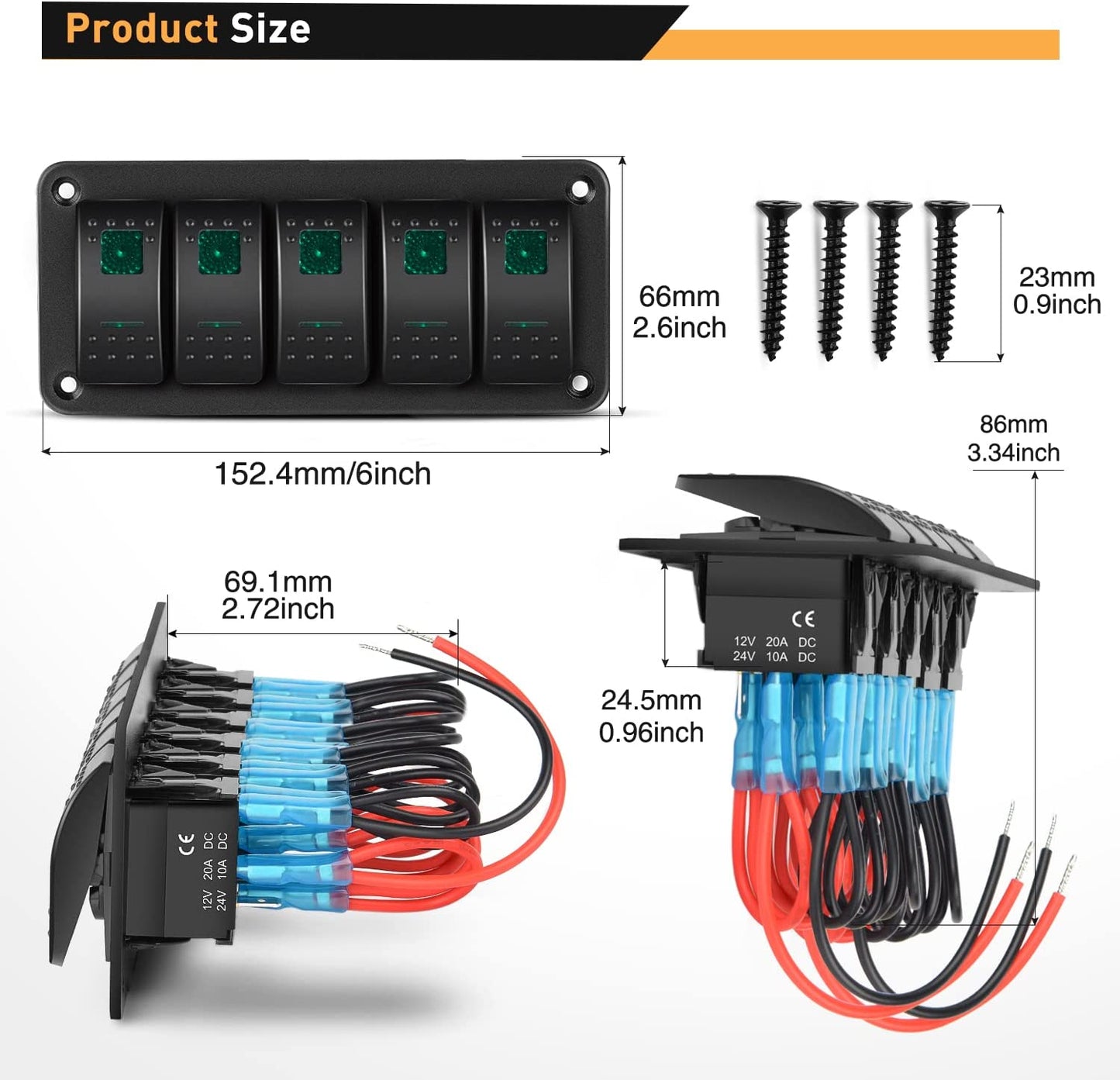 Waywe 5 Gang Rocker Switch Panel 5Pin On Off Toggle Switch Aluminum Holder 12V 24V Dash Pre-Wired Green Backlit Switches for Automotive Cars Marine Boats RVs Truck