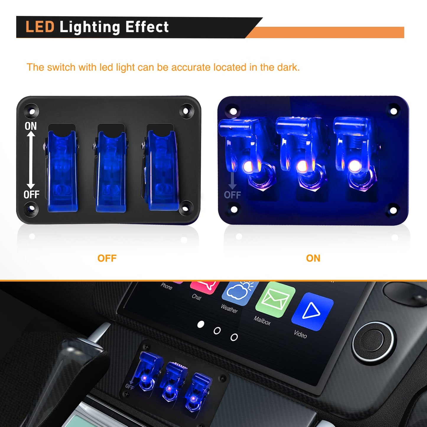 Waywe 3 Gang Toggle Switch 12V Rocker Switch Panel with LED Light and Flip Cover Heavy-Duty ON Off Switch Plate 3 Pin SPST Rocker Switch