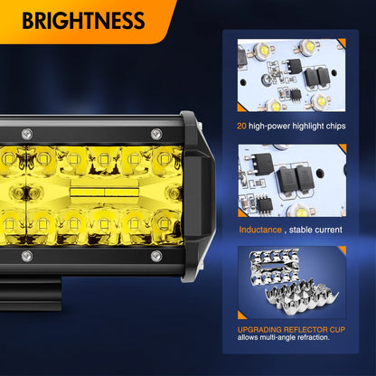 Waywe 2PCS 6.5 Inch Amber LED Pods 120W Triple Row Flood Light Bar Fog Light Driving Lighting with 16AWG Off Road Wiring Harness-2 Leads for Truck Golf Cart SUV ATV UTV Boat, Clear,Yellow