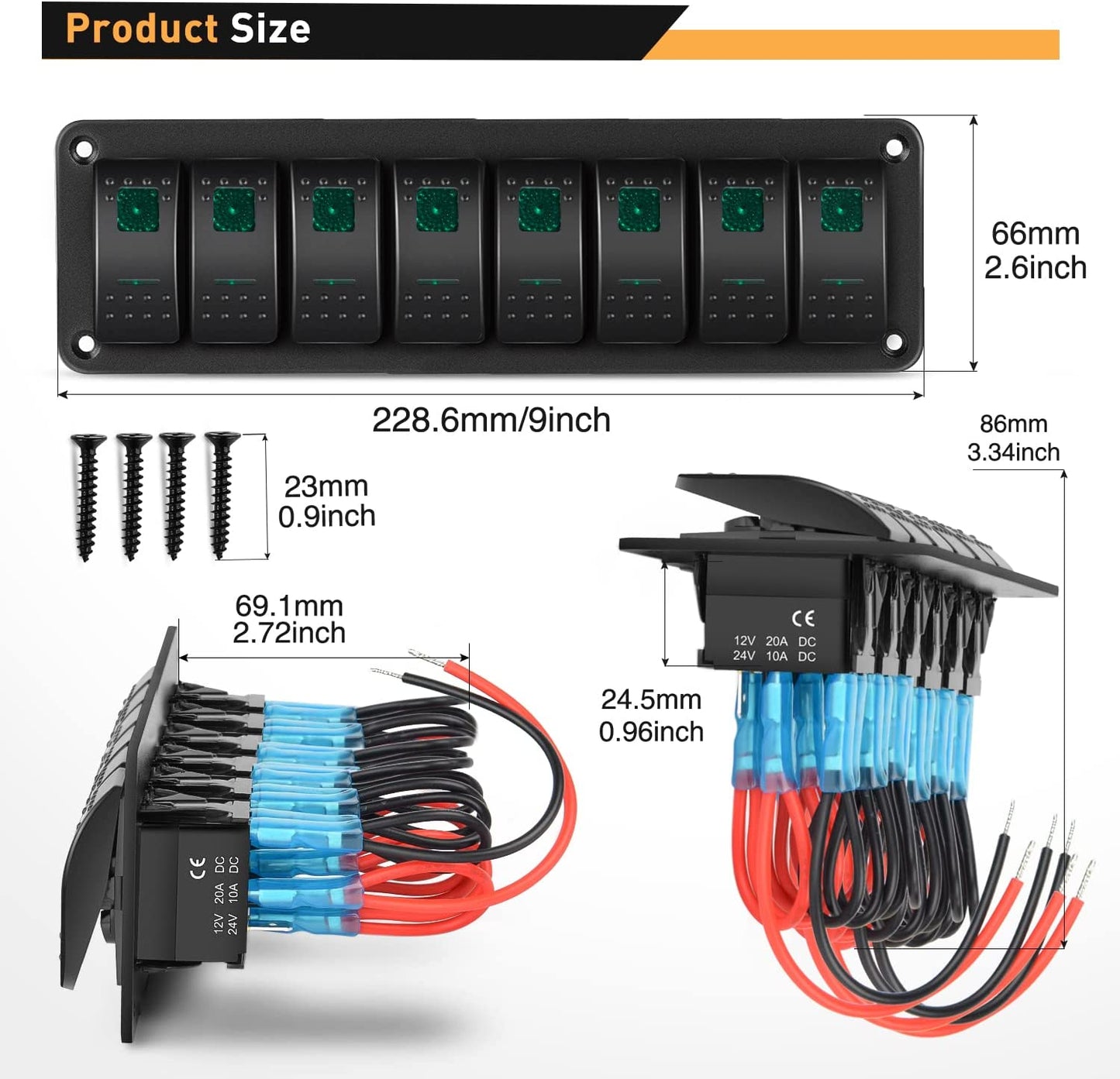 Waywe 8 Gang Rocker Switch Panel 5Pin On Off Toggle Switch Aluminum Holder 12V 24V Dash Pre-Wired Green Backlit Switches for Automotive Cars Marine Boats RVs Truck